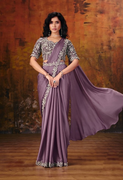 Lavender Embroidered Wedding Party Designer Saree